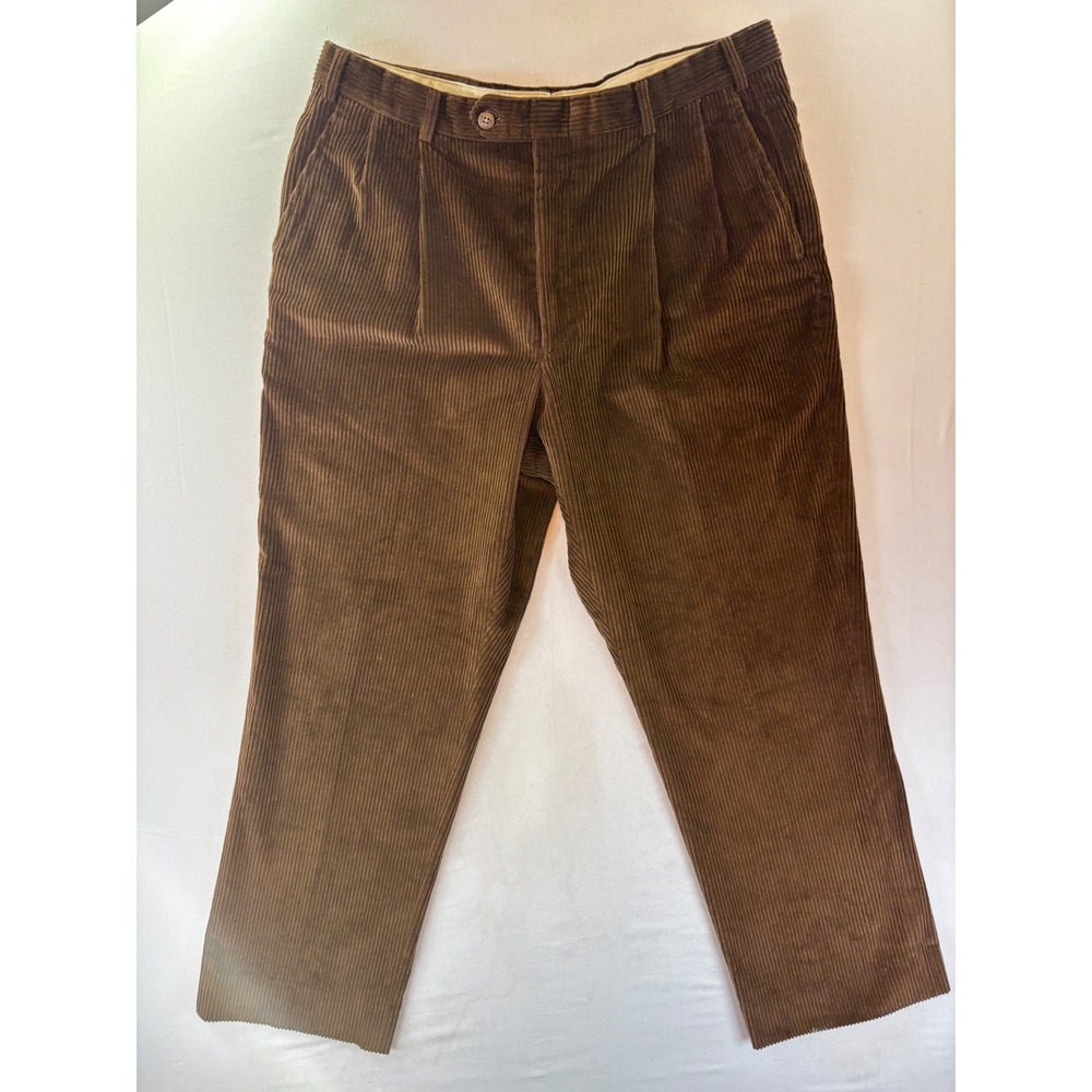 Berle Mens 36R Brown Corduroy Pleated Trousers Straight Leg Wide Wale Pants